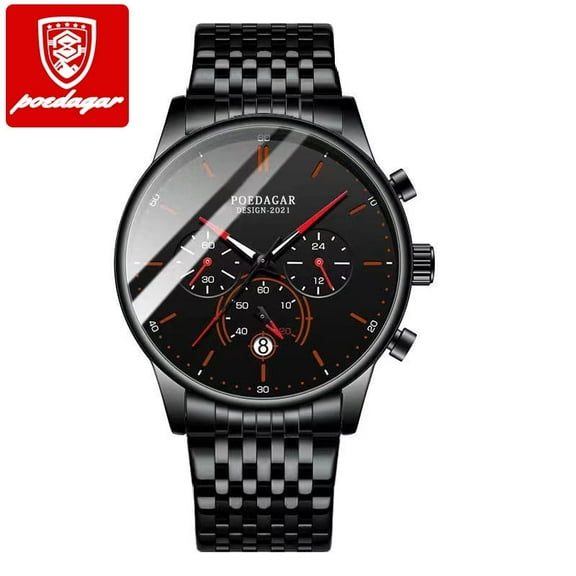 EXPLOJOY Men's Black Stainless Steel Quartz Watch – Waterproof, Luminous Dial, Calendar Display