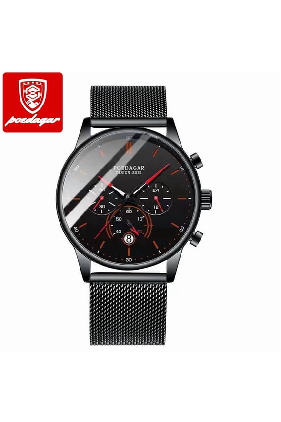 Men's Black Stainless Steel Quartz Watch – Waterproof, Luminous Dial, Calendar Display
