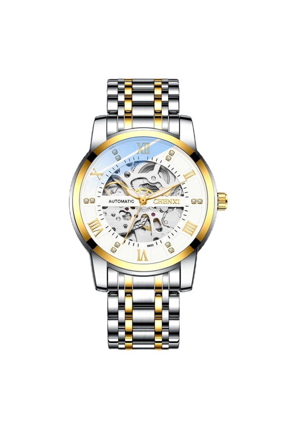 Men's Classic Skeleton Mechanical Watch – Waterproof Stainless Steel Automatic Timepiece with Glass Back