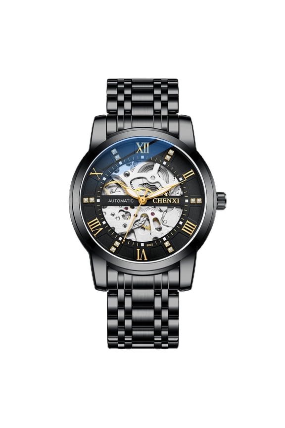 Men's Classic Skeleton Mechanical Watch – Waterproof Stainless Steel Automatic Timepiece with Glass Back