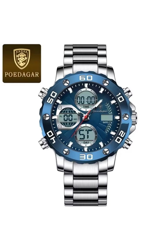 Men's Dual Display Quartz Watch – LED Backlight, Alarm, Waterproof, Sport Electronic Wristwatch