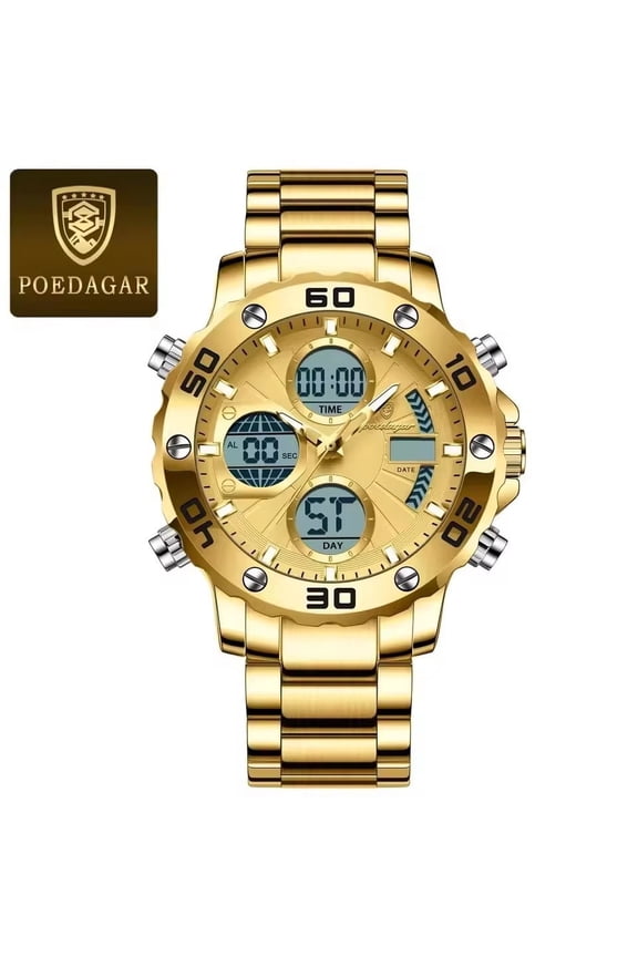 Men's Dual Display Quartz Watch – LED Backlight, Alarm, Waterproof, Sport Electronic Wristwatch