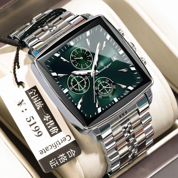 Explojoy Men's Fashion Quartz Watch – Square Face with Glow Dial and Durable Steel Construction