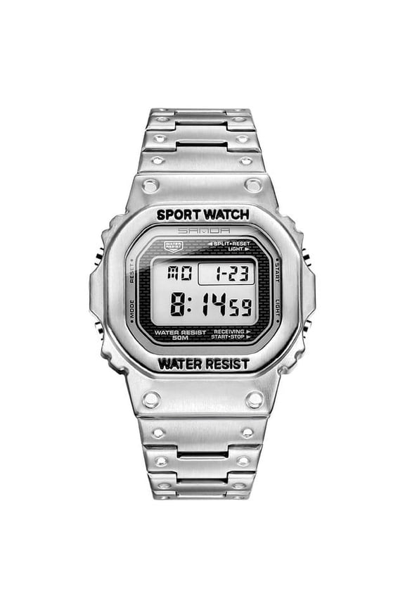 Men's Luxury LED Digital Watch – 5ATM Waterproof Stainless Steel Wristwatch for Casual Wear