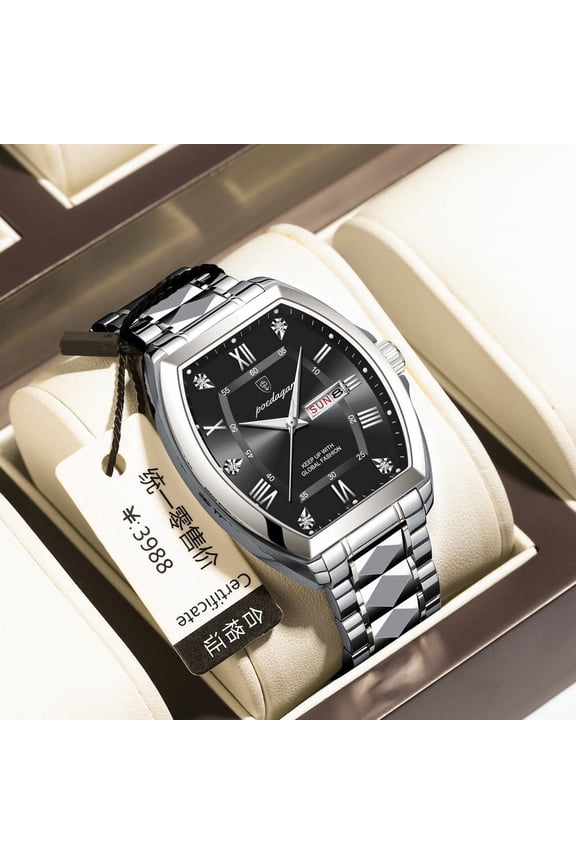 Men's Luxury Tonneau Quartz Watch – Waterproof Stainless Steel Timepiece with Luminous Dial