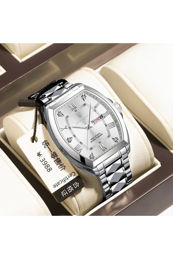 Men's Luxury Tonneau Quartz Watch – Waterproof Stainless Steel Timepiece with Luminous Dial