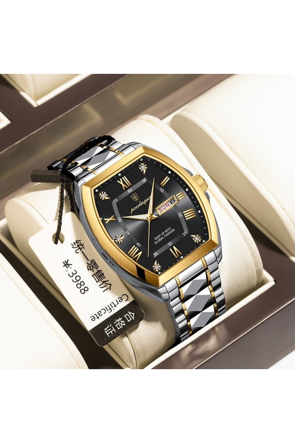 Men's Luxury Tonneau Quartz Watch – Waterproof Stainless Steel Timepiece with Luminous Dial