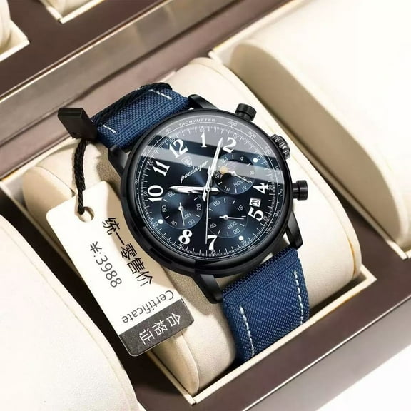 Explojoy Men's Quartz Chronograph Watch – Waterproof, Nylon & Leather Strap, Moon Phase Display