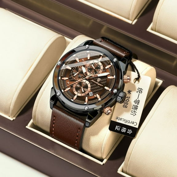 EXPLOJOY Men's Quartz Leather Watch – Waterproof, Six-Hand Chronograph, Date & Luminous Dial