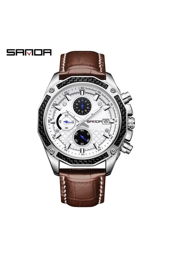 Men's Quartz Watch – Six-Hand Chronograph, Waterproof, Leather Strap, Calendar, Luminous Dial