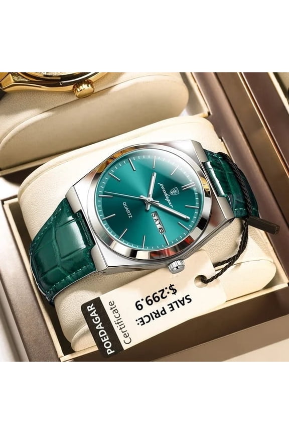 Men's Quartz Watch – Waterproof Leather Strap with Luminous Dial & Date Display