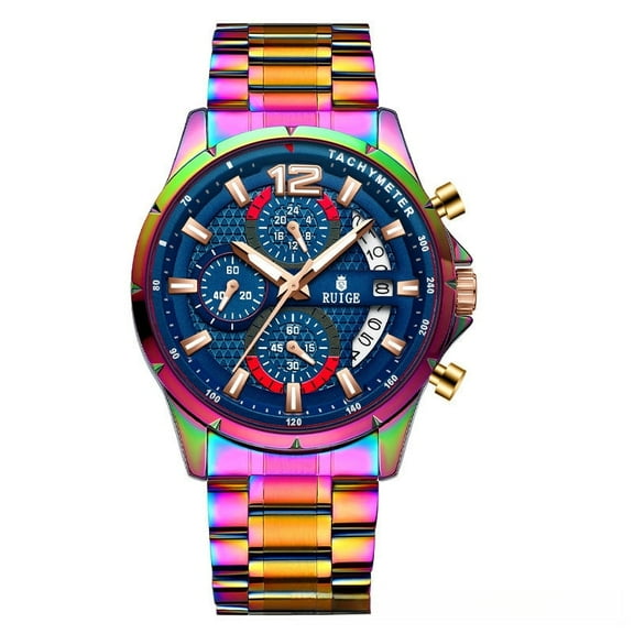 EXPLOJOY Men's Rainbow Quartz Watch – Waterproof, Stainless Steel, Luminous Dial with Date