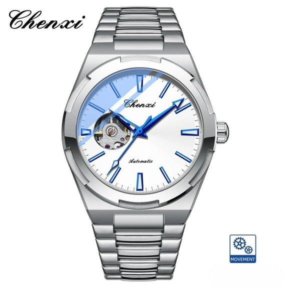 EXPLOJOY Men's Skeleton Automatic Watch – Waterproof, Silver Stainless Steel Design