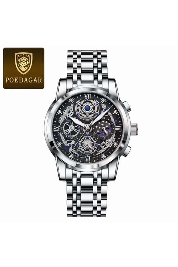 Men's Skeleton Quartz Watch – Waterproof, Stainless Steel, Luminous Dial with Date