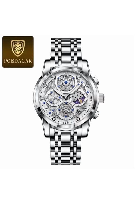 Men's Skeleton Quartz Watch – Waterproof, Stainless Steel, Luminous Dial with Date