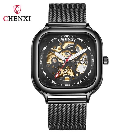 EXPLOJOY Men's Skeleton Square Mechanical Watch – Waterproof Automatic Timepiece with Mesh Strap & Fashion Design
