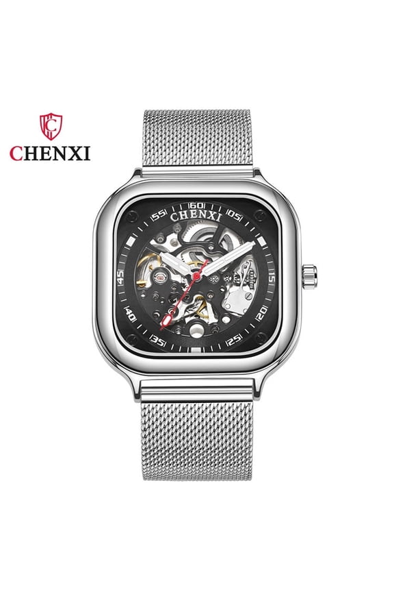 Men's Skeleton Square Mechanical Watch – Waterproof Automatic Timepiece with Mesh Strap & Fashion Design