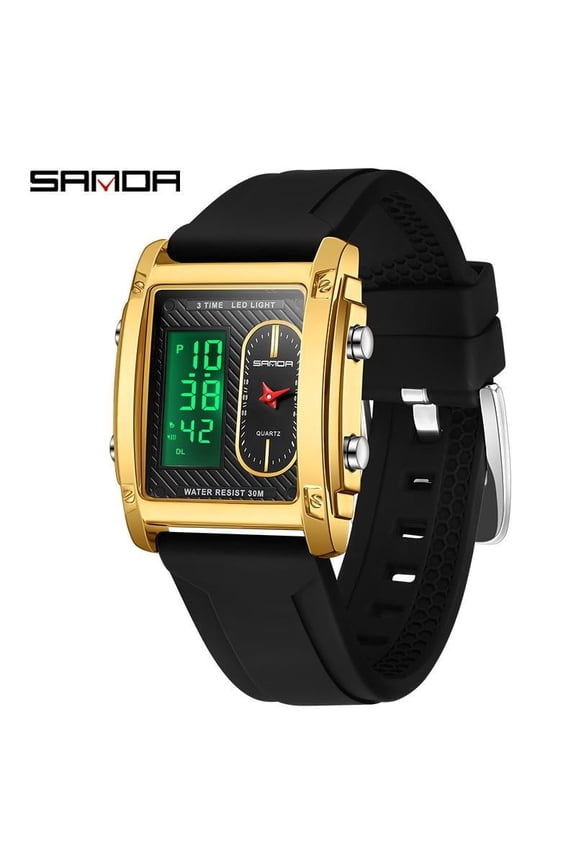 Men's Square Digital Quartz Watch – Dual Display, Waterproof, Silicone Strap, LED Backlight
