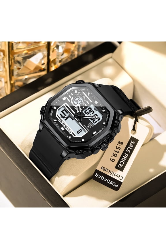 Men's Square Digital Watch – Waterproof, Silicone Strap, LED Chronograph, Quartz Movement