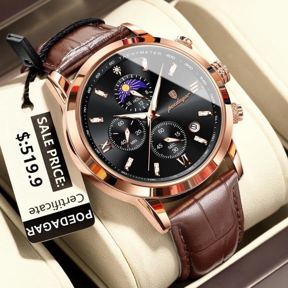 EXPLOJOY Men's Waterproof Quartz Watch – Calendar Function, Luminous Hands, Leather Band