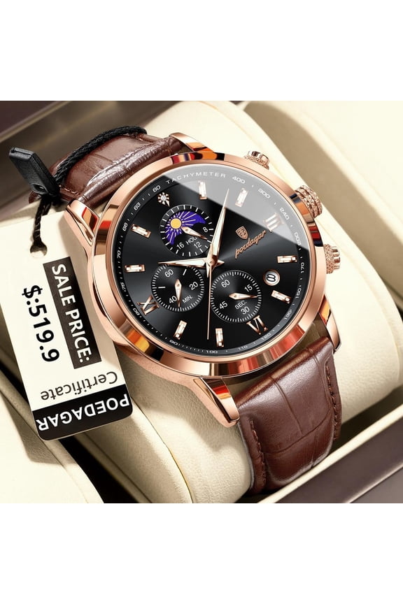 Men's Waterproof Quartz Watch – Calendar Function, Luminous Hands, Leather Band