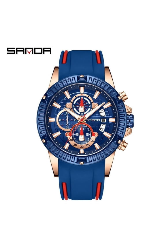 Quartz Silicone Watch for Men Waterproof Six Hands Wristwatch with Calendar Luminous