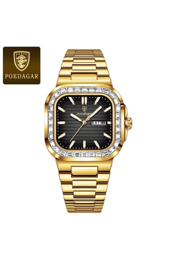 Square Watch for Men Waterproof Stainless Steel Wristwatch Diamond Quartz Watches with Luminous Date