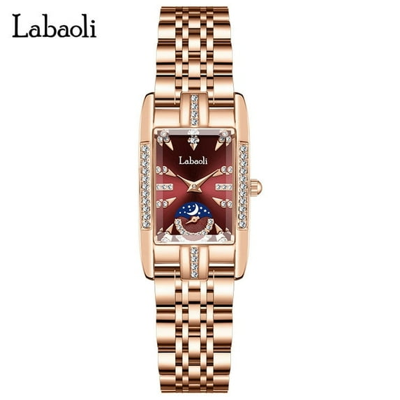 EXPLOJOY Stylish Ladies Quartz Watch – Diamond-Set Square Dial with Moon Phase and Steel Band
