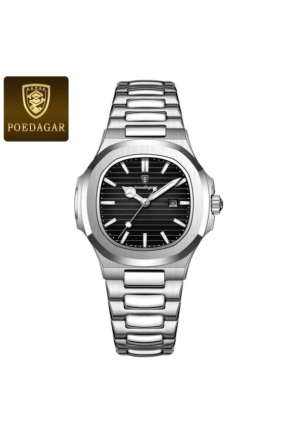 Stylish Quartz Timepiece – Waterproof Build, Square Face & Polished Steel Frame