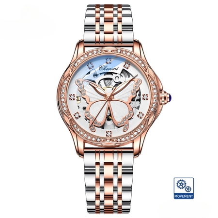 EXPLOJOY Women's Automatic Mechanical Watch – Hollow Dial, Waterproof Stainless Steel with Luminous Display