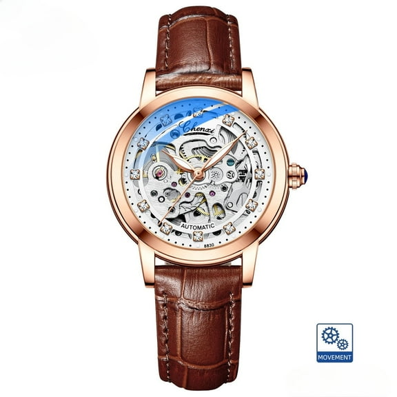 Explojoy Women's Automatic Mechanical Watch – Hollow-Out Dial, Diamond-Encrusted Bezel, Waterproof Leather Strap, Luxury Fashion Design