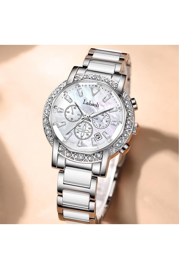 Women's Luxury Ceramic Watch – Diamond Accents, Waterproof & Calendar Display