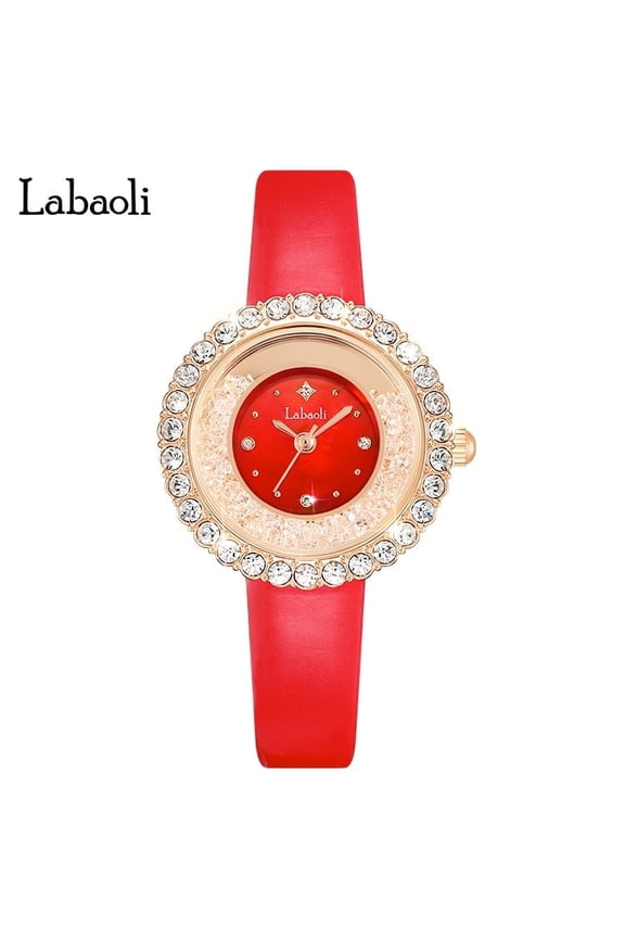 Women's Red Leather Watch – Quartz Movement, Diamond Accents, Water Resistant, Elegant Design