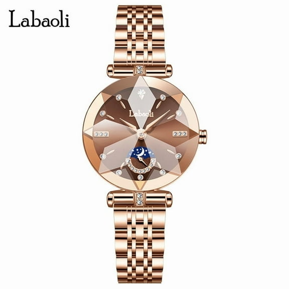 Explojoy Women's Rose Gold Quartz Watch – Waterproof, Moon Phase, Stainless Steel Strap