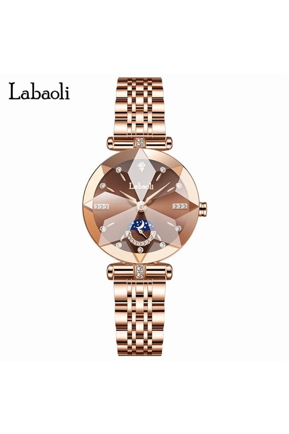 Women's Rose Gold Quartz Watch – Waterproof, Moon Phase, Stainless Steel Strap