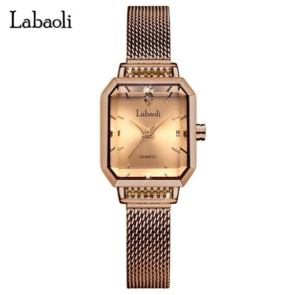 Explojoy Women's Square Quartz Watch – Rose Gold Stainless Steel Mesh Band, Waterproof, Elegant Fashion Design