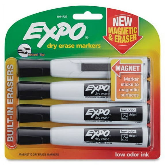 EXPO-1PK Magnetic Dry Erase Marker, Broad Chisel Tip, Black, 4/Pack