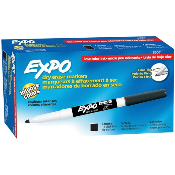 EXPO Low Odor Dry Erase Markers, Fine Tip, Black, 12 Count