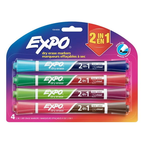 EXPO Dry Erase 2-in-1 Markers, Chisel Tip, Assorted, 4-Count