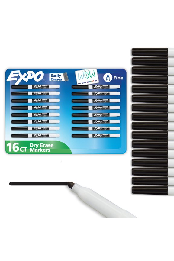 Dry Erase Markers, Black, Fine Tip, 16 Count