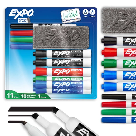 EXPO Dry Erase Markers Kit, Fine and Chisel Tip Markers, Assorted Colors, Eraser, 11 Count