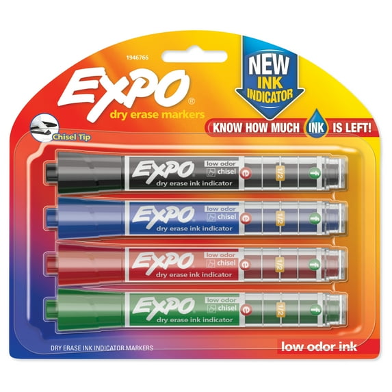 EXPO Dry Erase Markers with Ink Indicator, Chisel Tip, Colors May Vary, 4 Pack