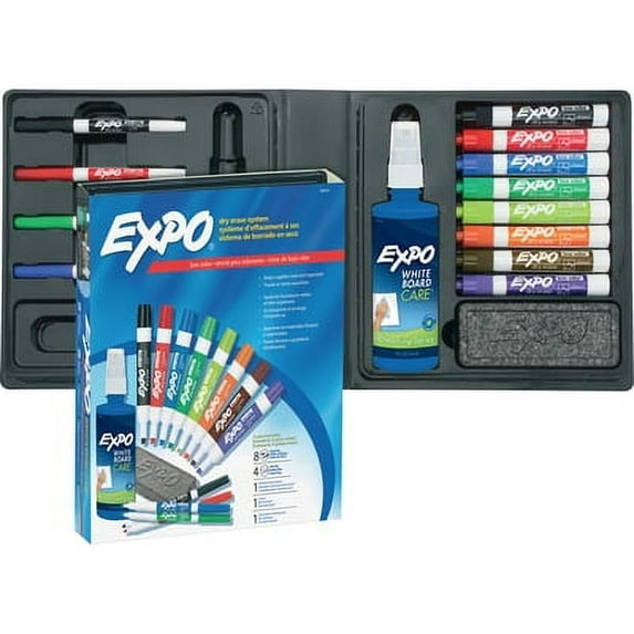 EXPO Low-Odor Dry Erase Marker, Eraser and Cleaner Kit, Medium Assorted Tips, Assorted Colors, 12/Set, Each