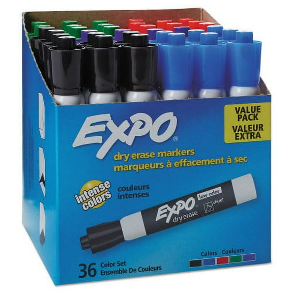 EXPO Low-Odor Dry-Erase Marker Value Pack, Broad Chisel Tip, Assorted Colors, 36/Box, Each