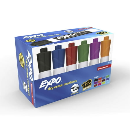 EXPO Low Odor Dry Erase Markers, Chisel Tip, Assorted Colors, 12 Count