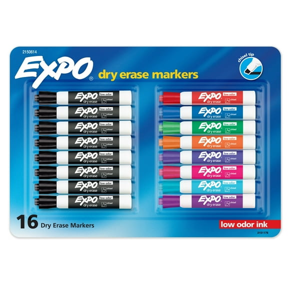 EXPO Low Odor Dry Erase Markers, Chisel Tip, Assorted Colors, 16 Count