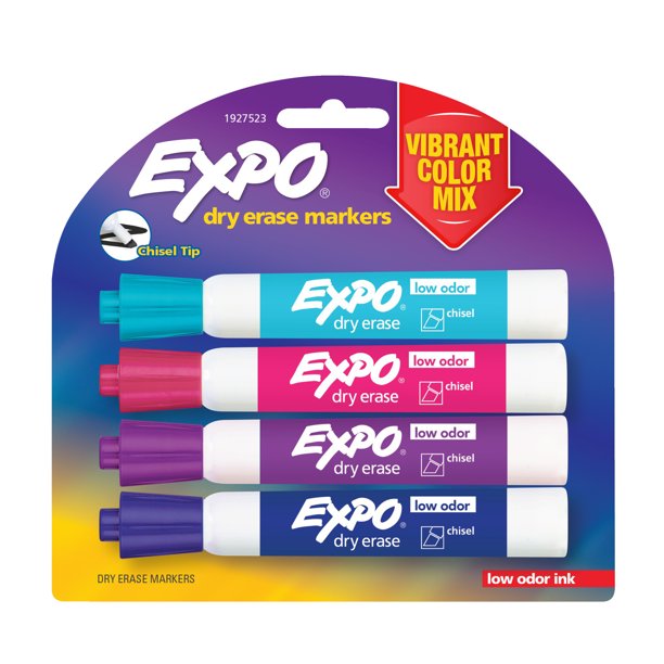 EXPO Low Odor Dry Erase Markers, Chisel Tip, Assorted Colors, Set of 4