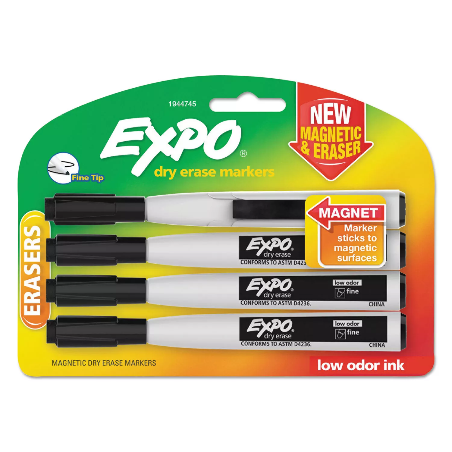 EXPO Magnetic Dry Erase Marker Fine Tip Black 4/Pack 1944745