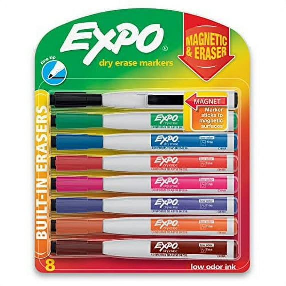 Expo Magnetic Dry Erase Markers with Eraser, Fine Tip, Assorted, 8 Count