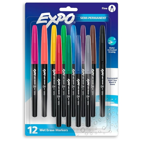 EXPO Vis-a-Vis Wet Erase Markers, Fine Point, Assorted, 12 Count